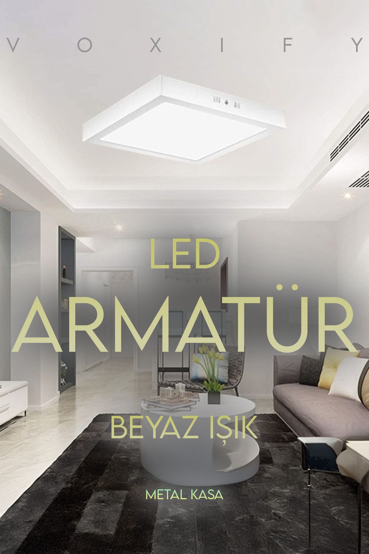 Voxify Kare Büyük Boy Modern LED Panel Armatür Avize - 6500K Beyaz Işık | Metal Salon Tavan Lambası