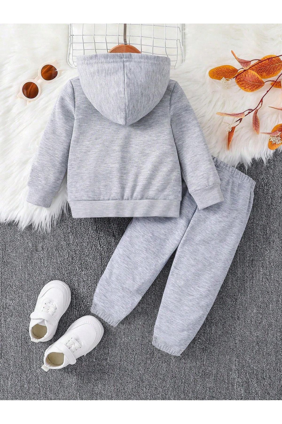 DUBU BUTİK-Bro. Printed Cotton Kids Hoodie Set - Gray Jogger Printed Girls Boys 2