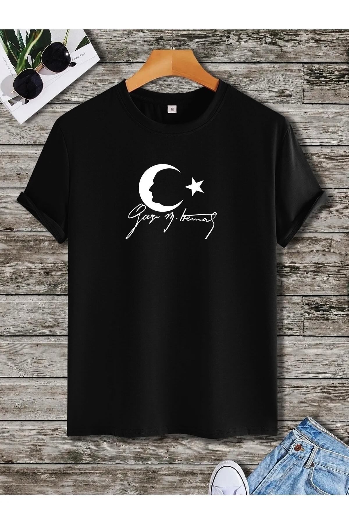 Pisa Art Unisex Pamuklu Oversize Atatürk Silüeti İmzalı Baskılı T-shirt