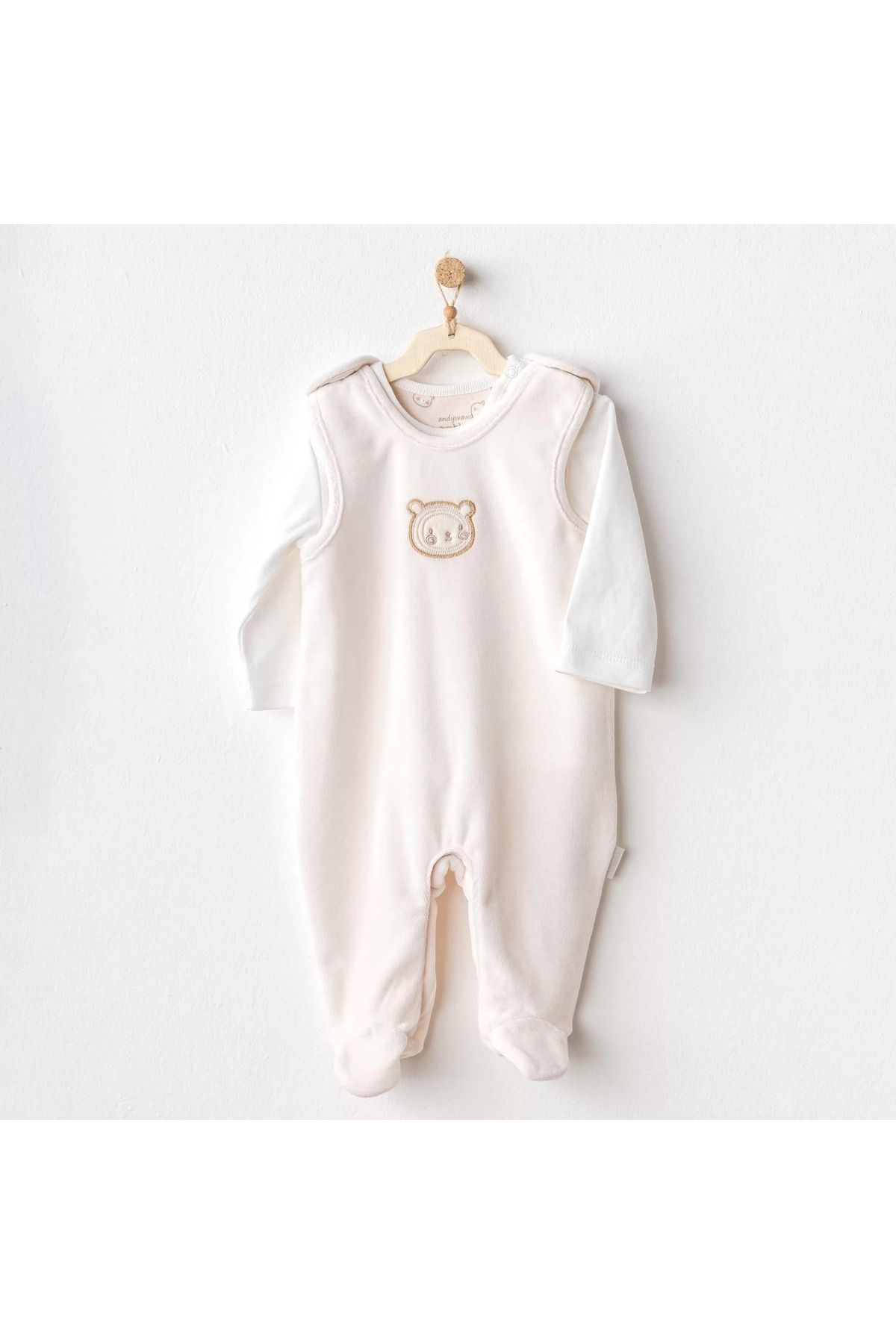 RUBY BOUTİQUE Bear Time Kadife Bebek Tulum Takım Ekru