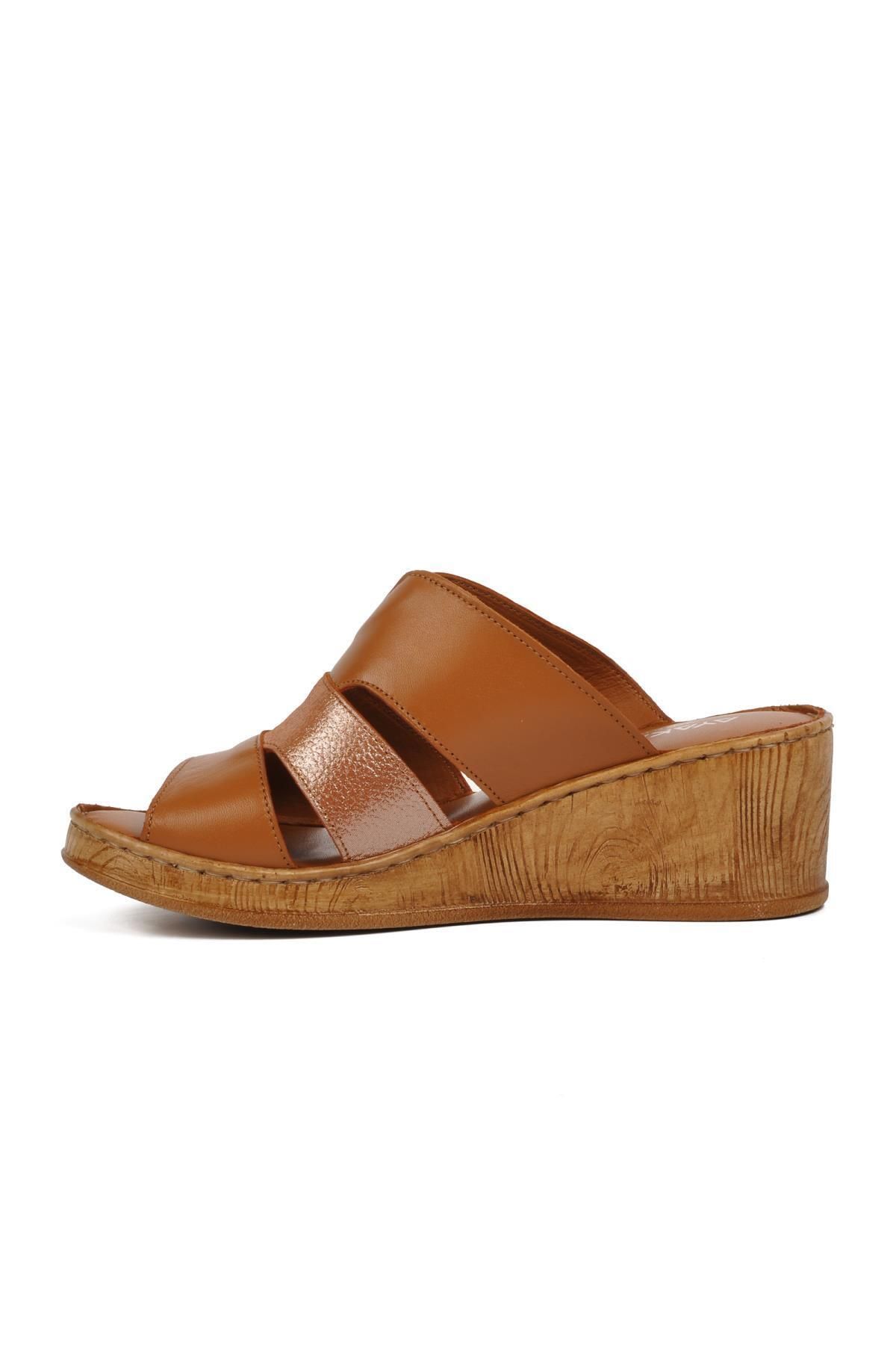 AYAKMOD-465173   Γυναικείες παντόφλες Tan Wedge Heel από γνήσιο δέρμα 4