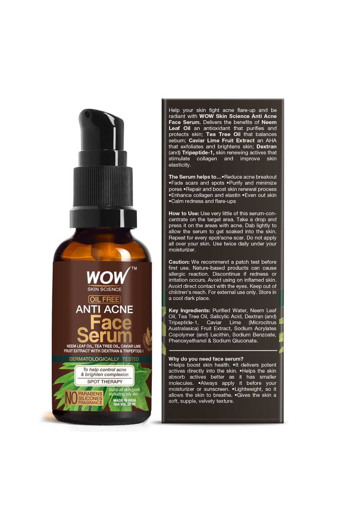 WOW Skin Science-Anti-Acne Face Serum-97,8% Natural-Anti-Blemish-aha-neem Leaf Oil, Tea Tree Oil, Caviar 30ml 3