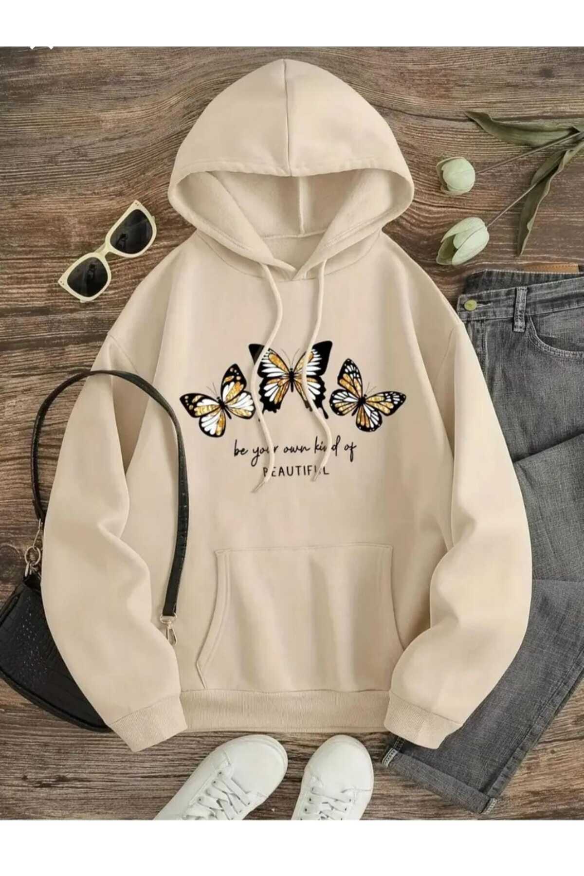 beautıful 3 butterfly printed hooded sweatshirt