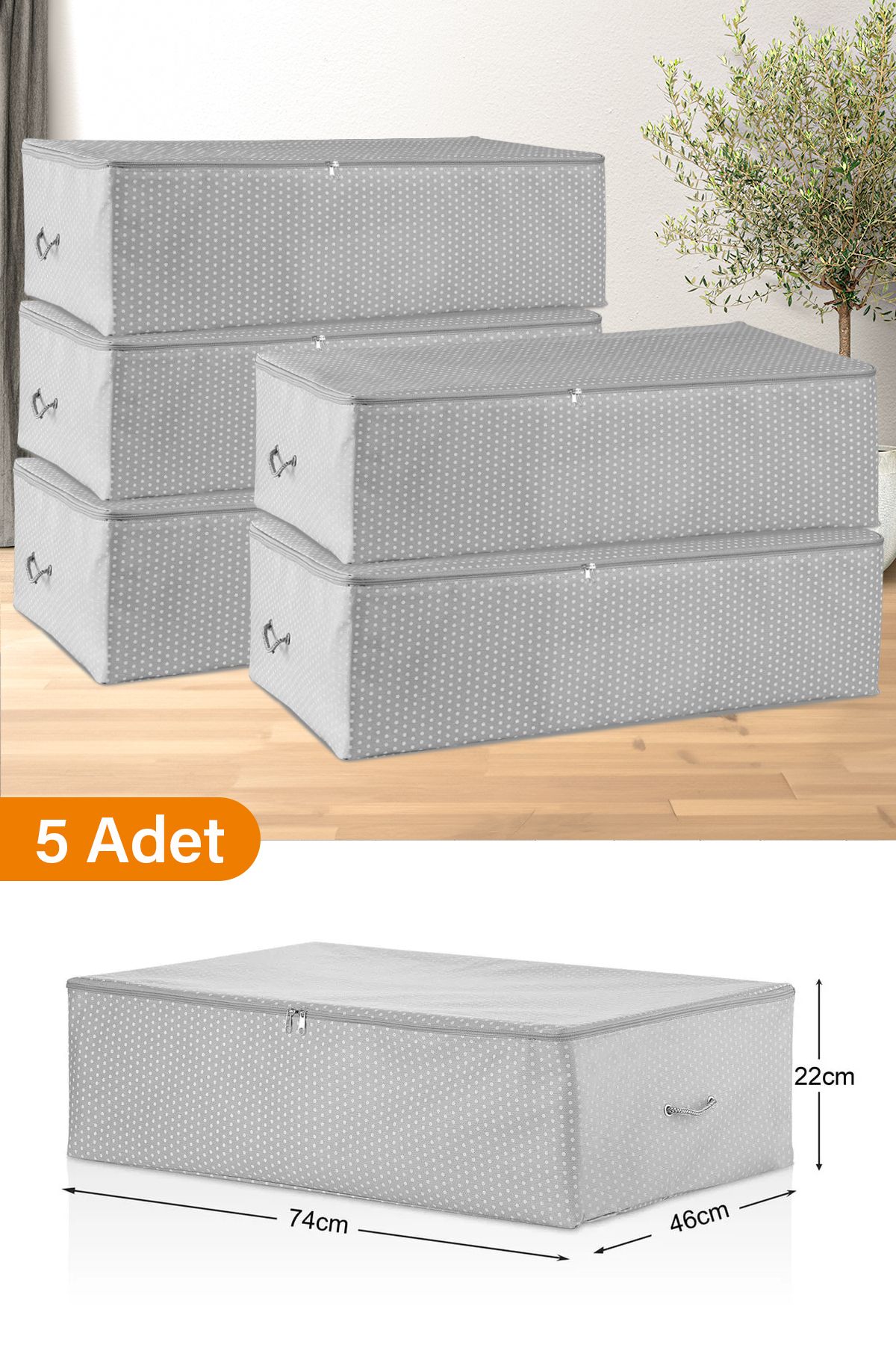 teknotrust 5'li Mega Boy Gri Benekli Baza Altı Hurç 74x46x22 cm, şık ve kullanışlı saklama çözümü