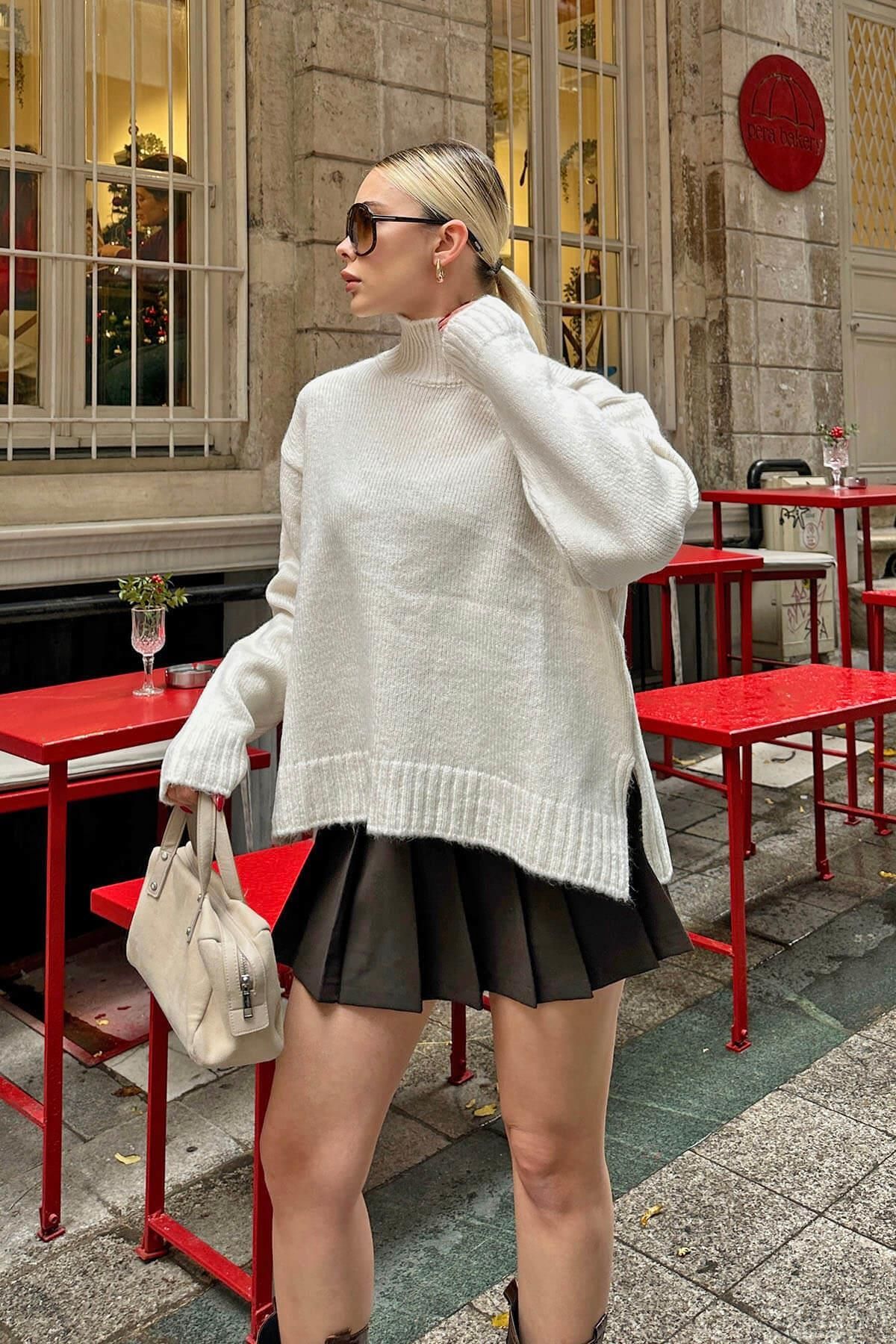Swist-Pulover de damă, bej, cu fantă laterală, de bază, cu mâneci raglan, pe jumătate de pescar 3