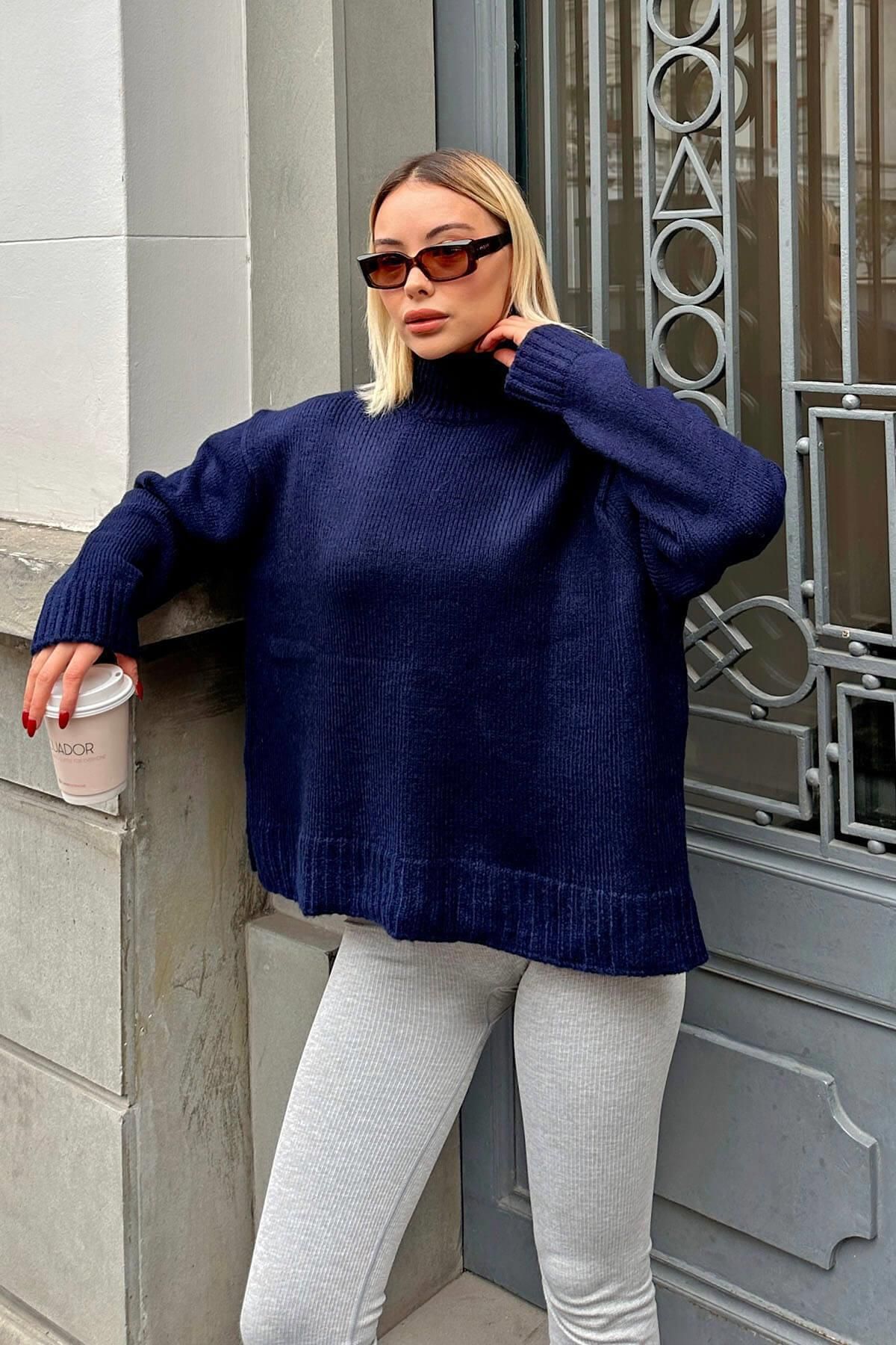 Swist-Navy Blue Side Slit Basic Half Fisherman Raglan Sleeve Women's Knitwear Sweater 3