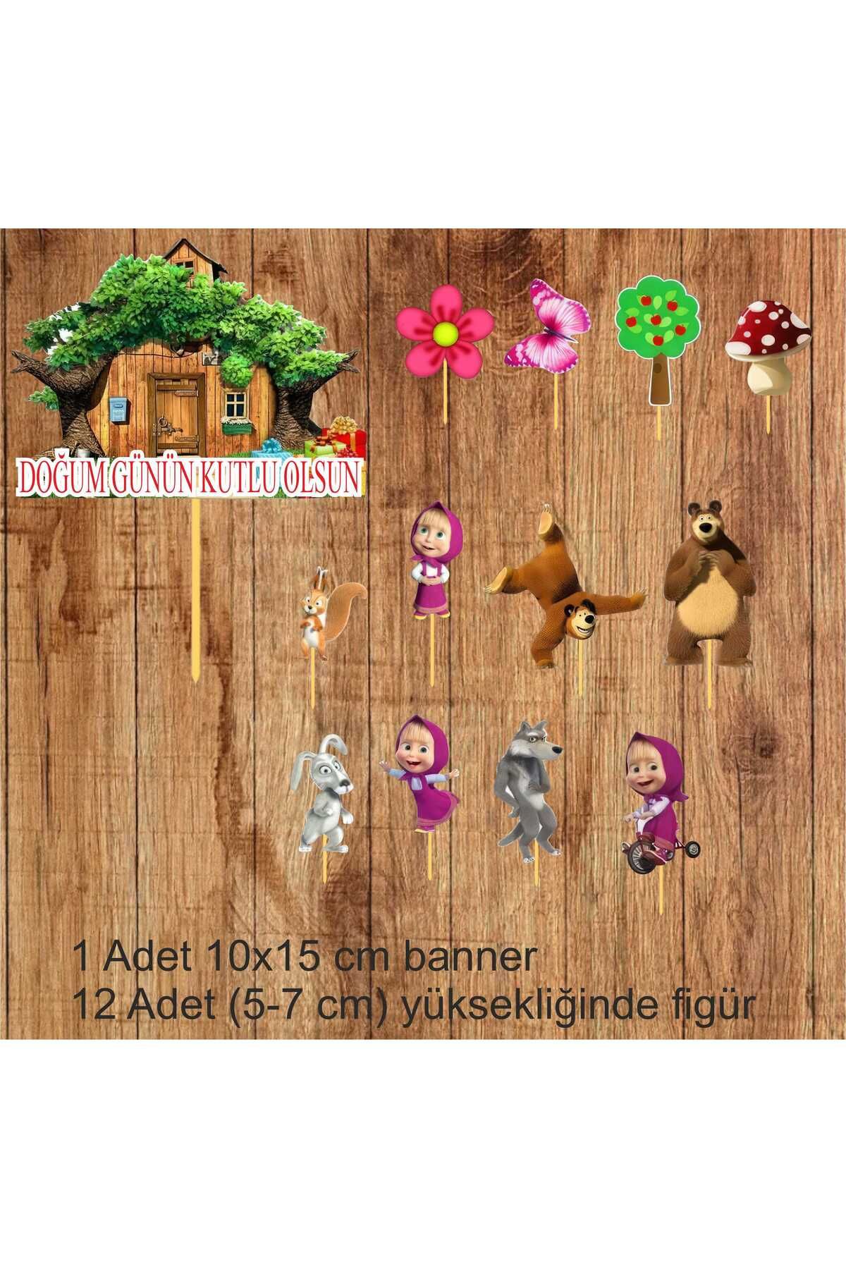 Atölye7Tasarım Masha ( Maşa ) ve Koca Ayı 13 Karakterli Doğum Günü Kürdanlı Cupcake Pasta Süsü Süsleme Kalın Kağıt