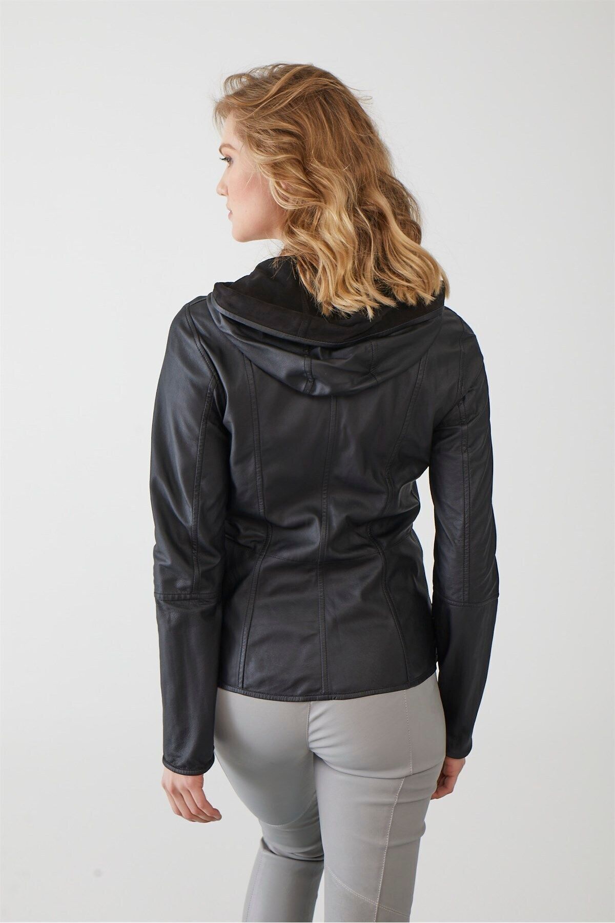 Deriderim-Women's Genuine Suede Jacket - Black, Zip-Up, Hood, Lightweight and Double-Sided 7