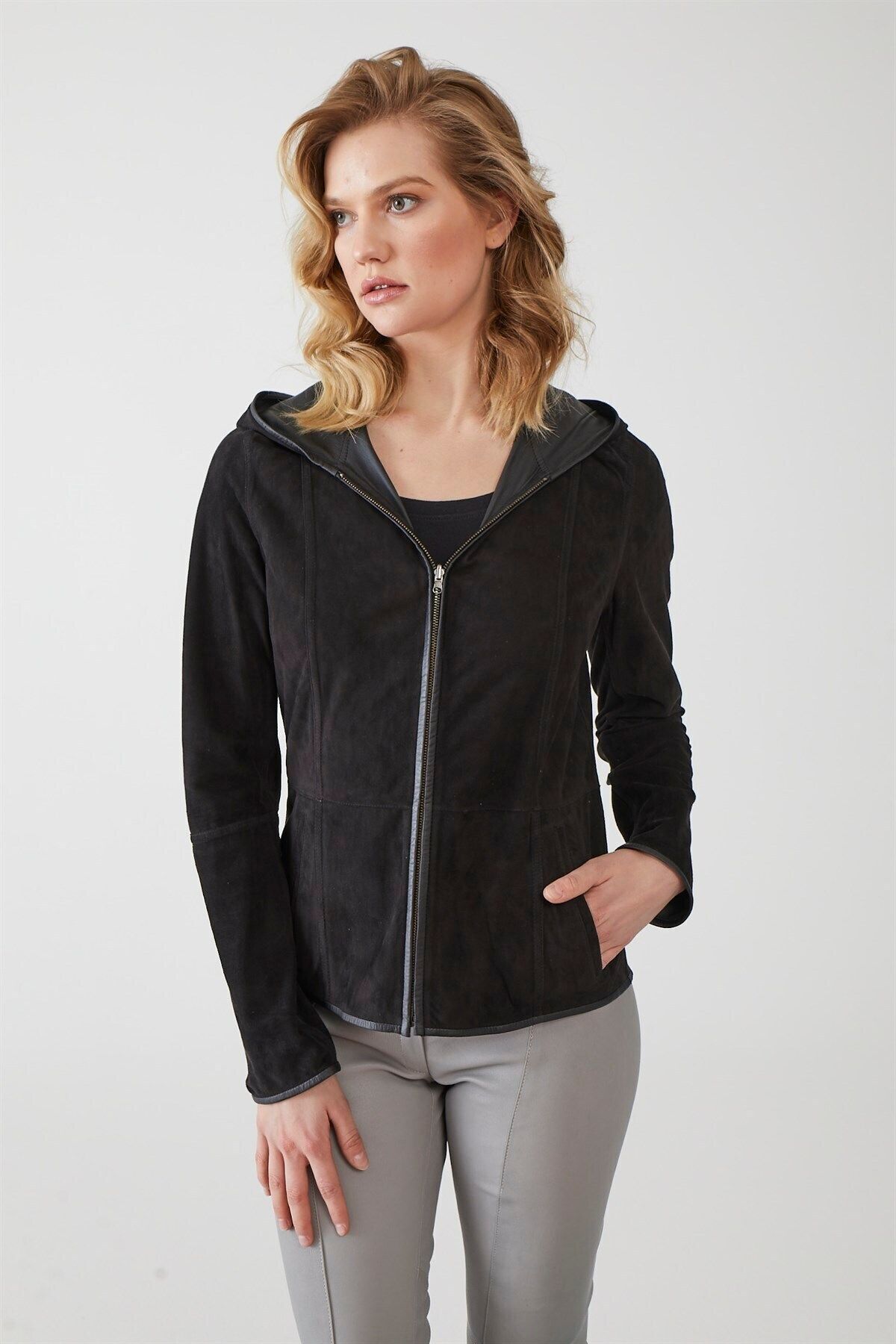 Deriderim-Women's Genuine Suede Jacket - Black, Zip-Up, Hood, Lightweight and Double-Sided 4