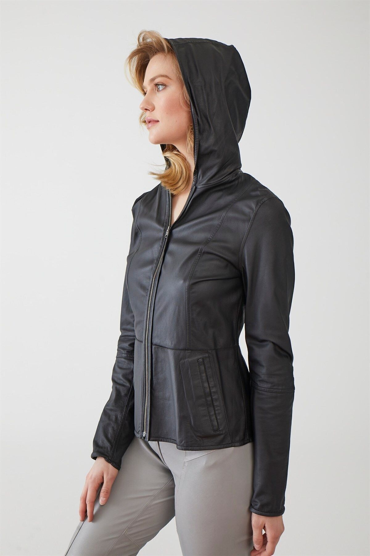 Deriderim-Women's Genuine Suede Jacket - Black, Zip-Up, Hood, Lightweight and Double-Sided 1