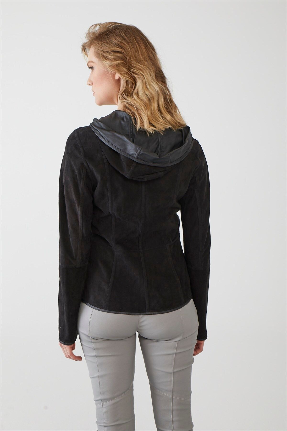 Deriderim-Women's Genuine Suede Jacket - Black, Zip-Up, Hood, Lightweight and Double-Sided 5