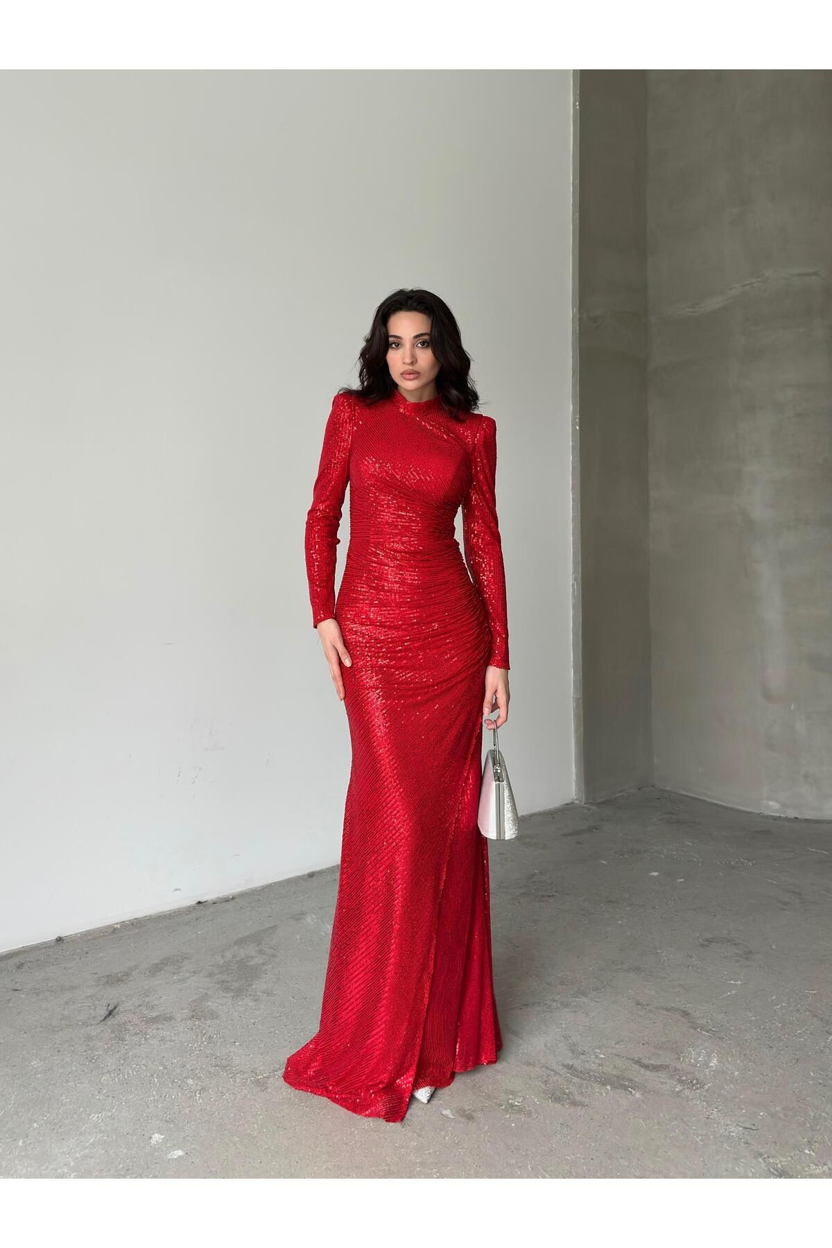 Serica Moda Red Sequin Sequined Long Sleeve Evening Dress- Trendyol