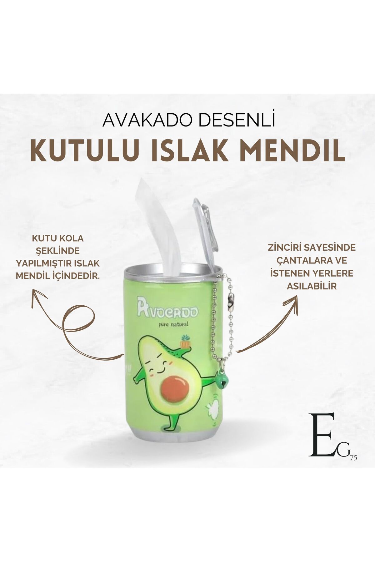 EG75 Mini Kola Kutusunda Islak Mendil Avakado Şekilli Zincirli Kapaklı Pratik