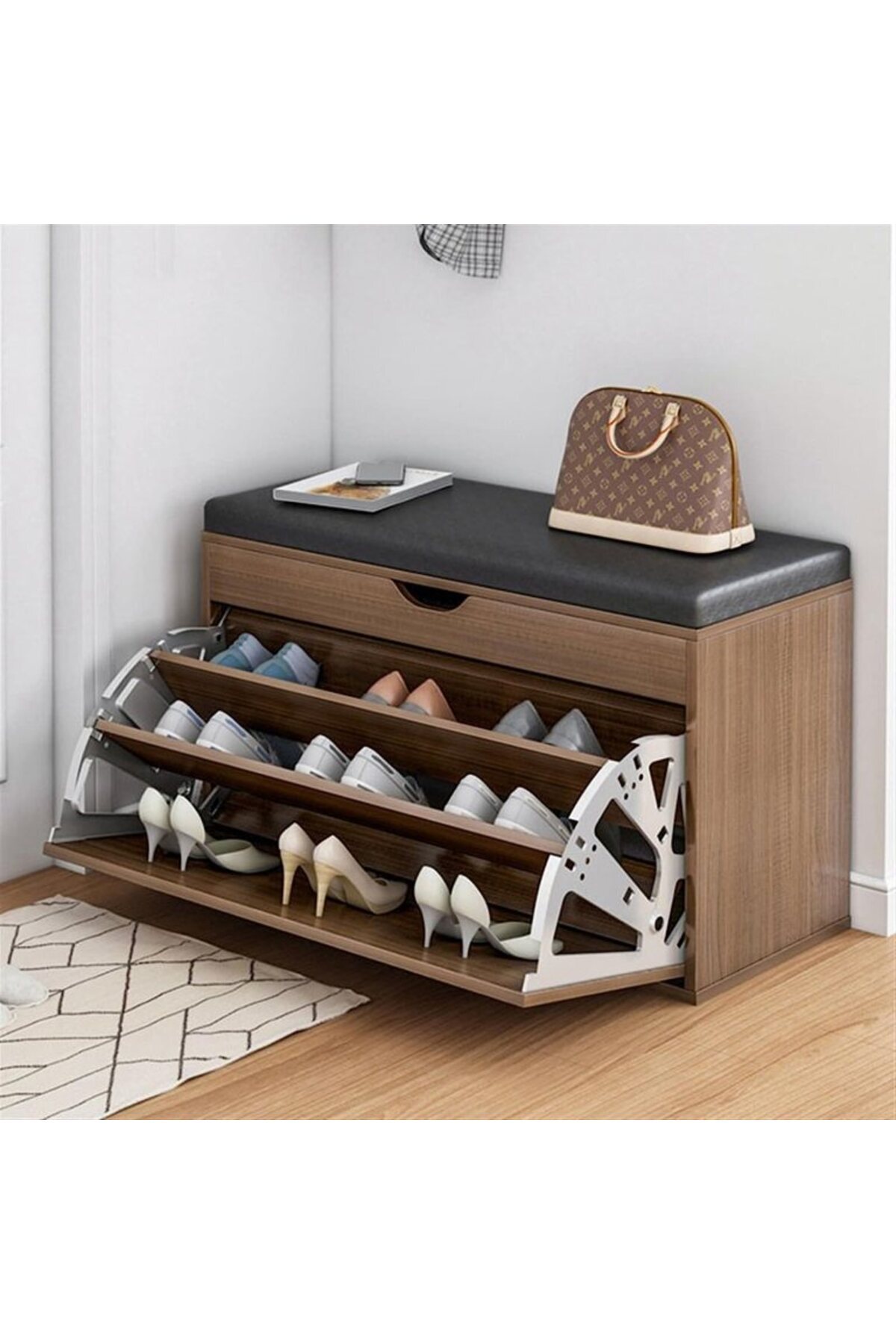 خزانة أحذية مع درج قابل للطي ومقعد جلدي مبطن، 60*5...