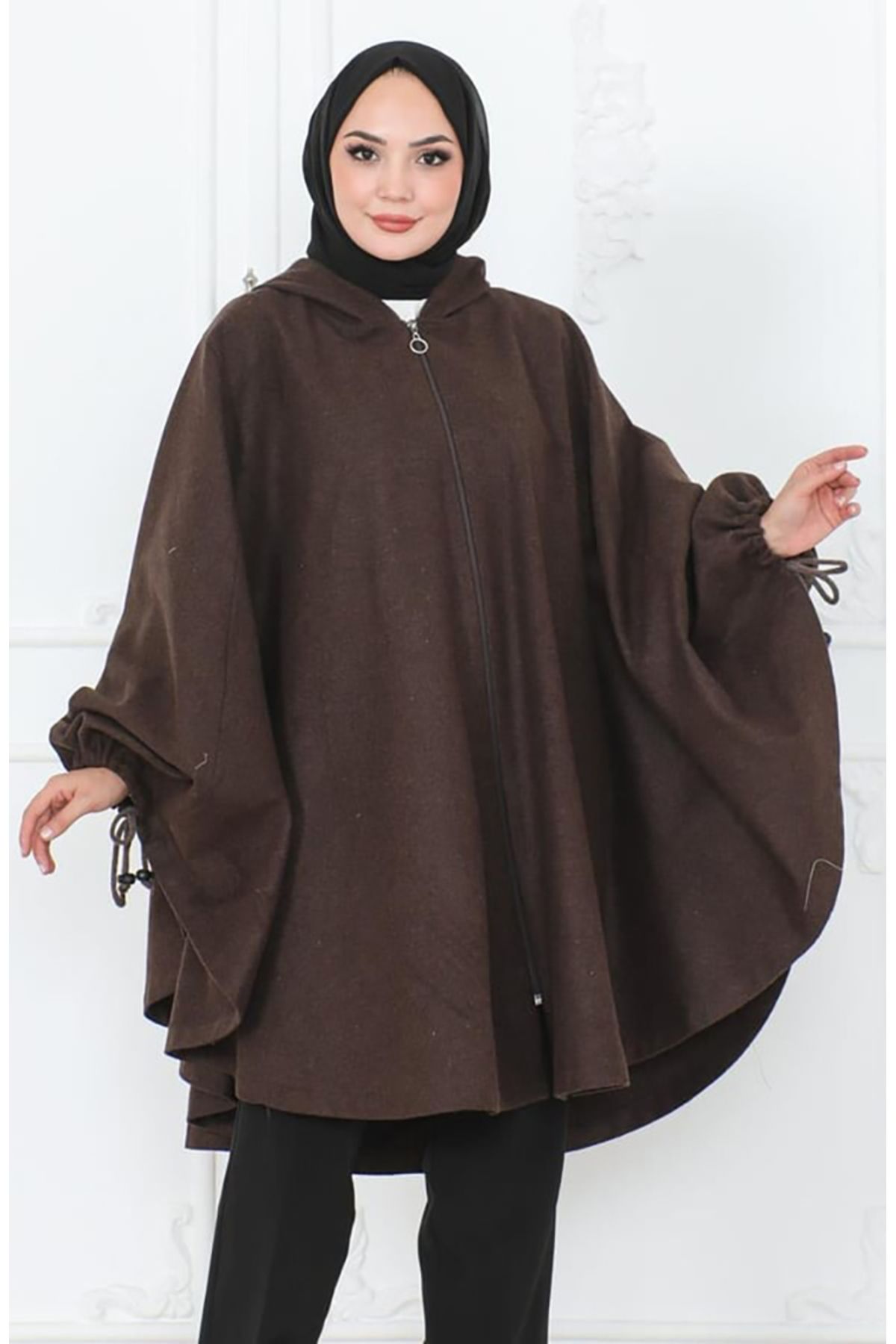 sefamerve-Brown Hooded Cashew Poncho - 0505-03 2