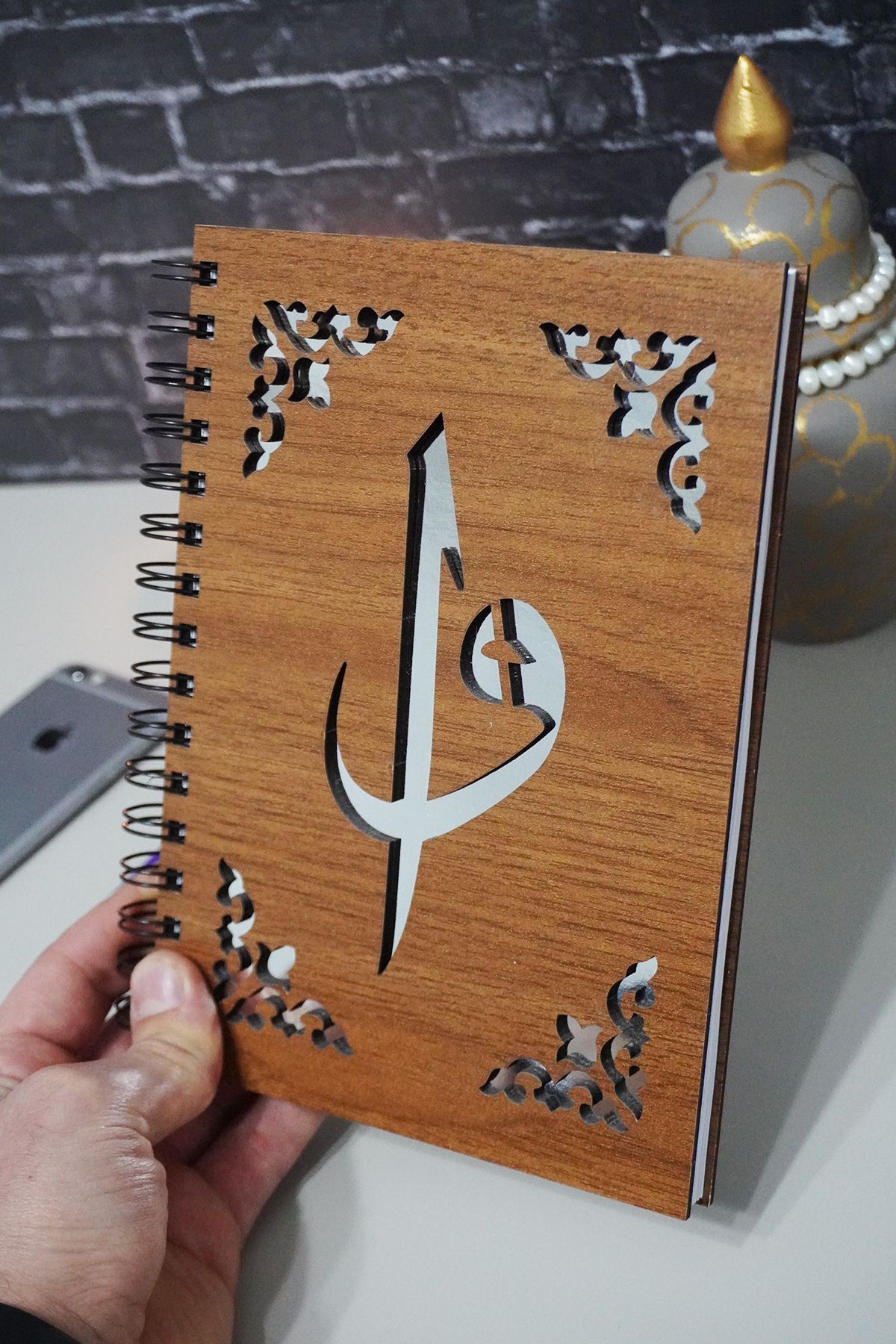 markcat-Elif Vav Patterned Checked Wooden Cover Notebook - Agenda and School Notebook (A5 - 120 Sheets) 3