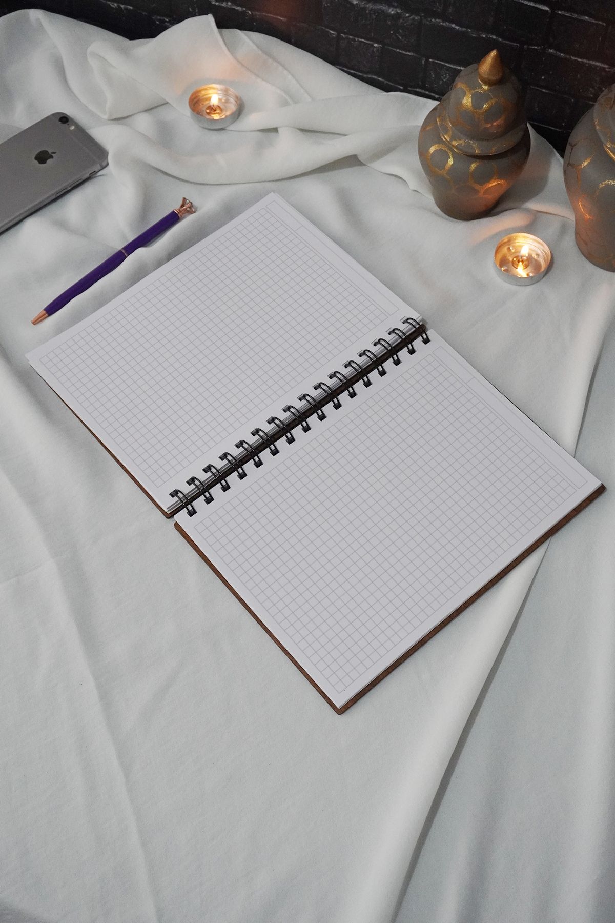 markcat-Elif Vav Patterned Checked Wooden Cover Notebook - Agenda and School Notebook (A5 - 120 Sheets) 6