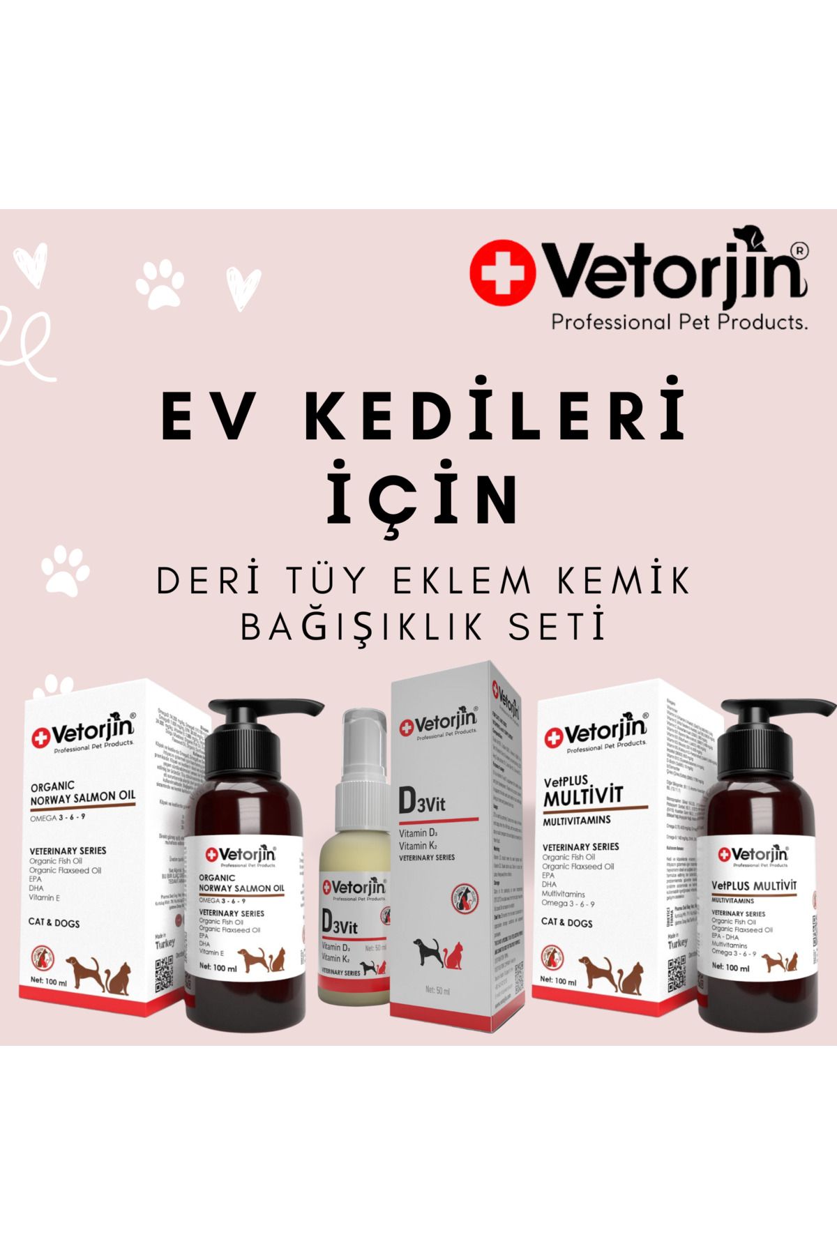 Vetorjin Kedi Norveç Balık Yağı 100 ml + D3 Vitamin 50 ml + Multivitamin Bağışıklık 100 ml