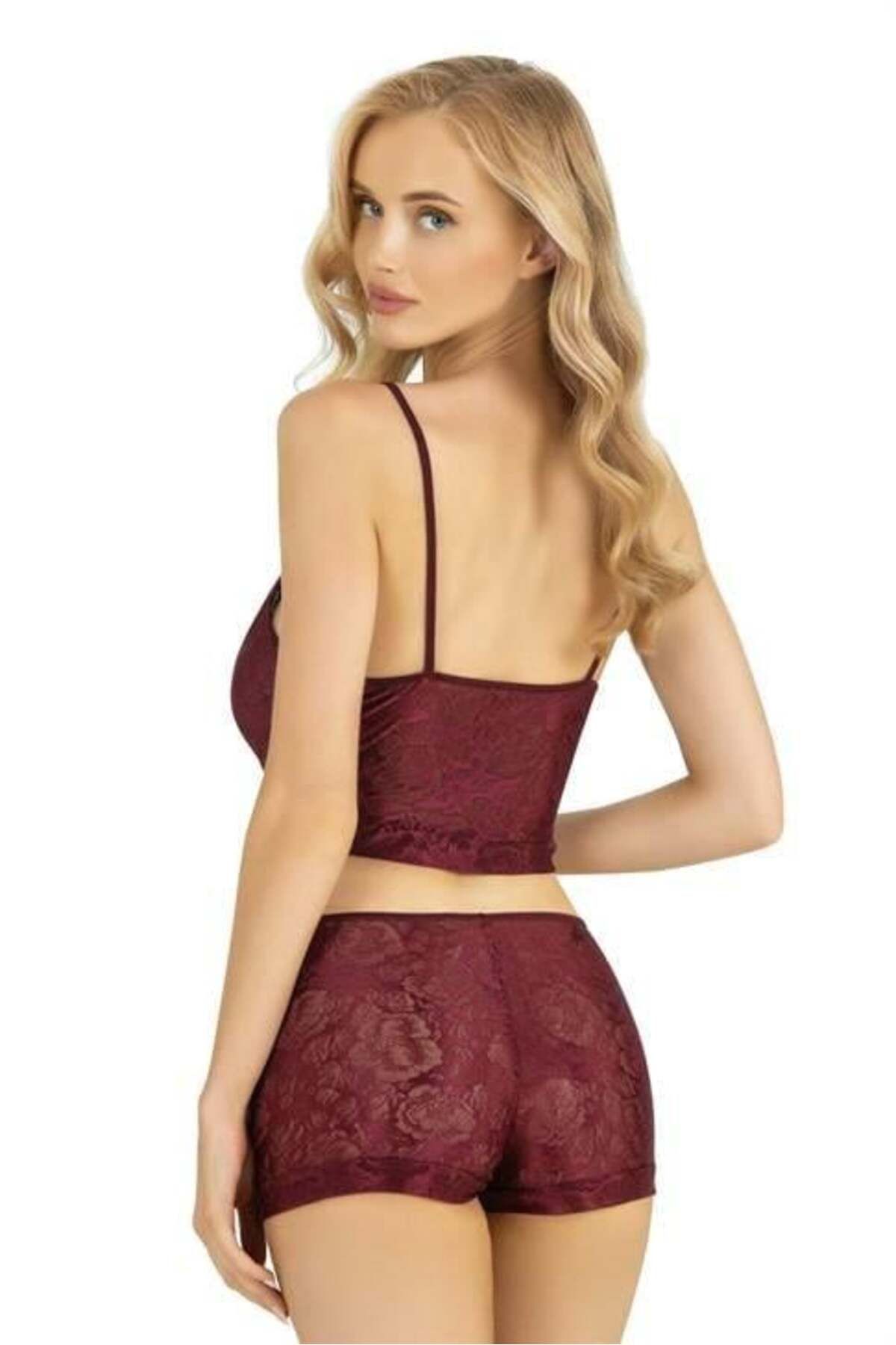RUBY BOUTİQUE Bordo Saten Şort Takımı 9219