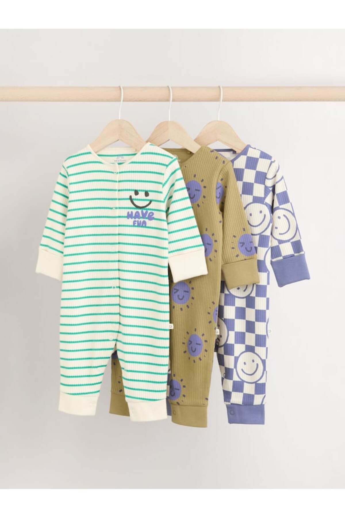 Next Baby-100% Cotton Blue Green Striped Patterned 3-Piece Sleepsuit Set 1