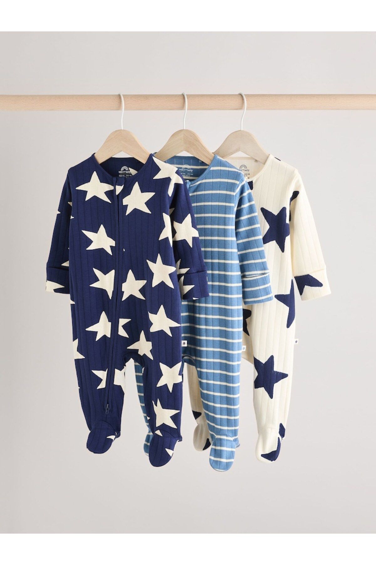 Next Baby 100% Cotton Bright Navy Blue Star Patterned 3-Piece Sleepsuit Set