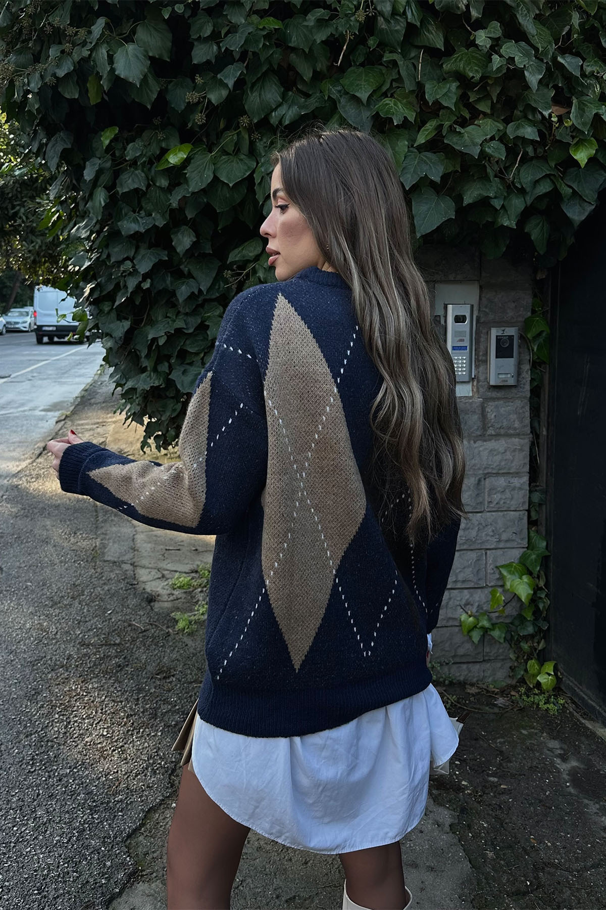 XHAN-Navy Blue Diamond Print Crew Neck Knitwear Sweater 5Kxk3-49085-14 7