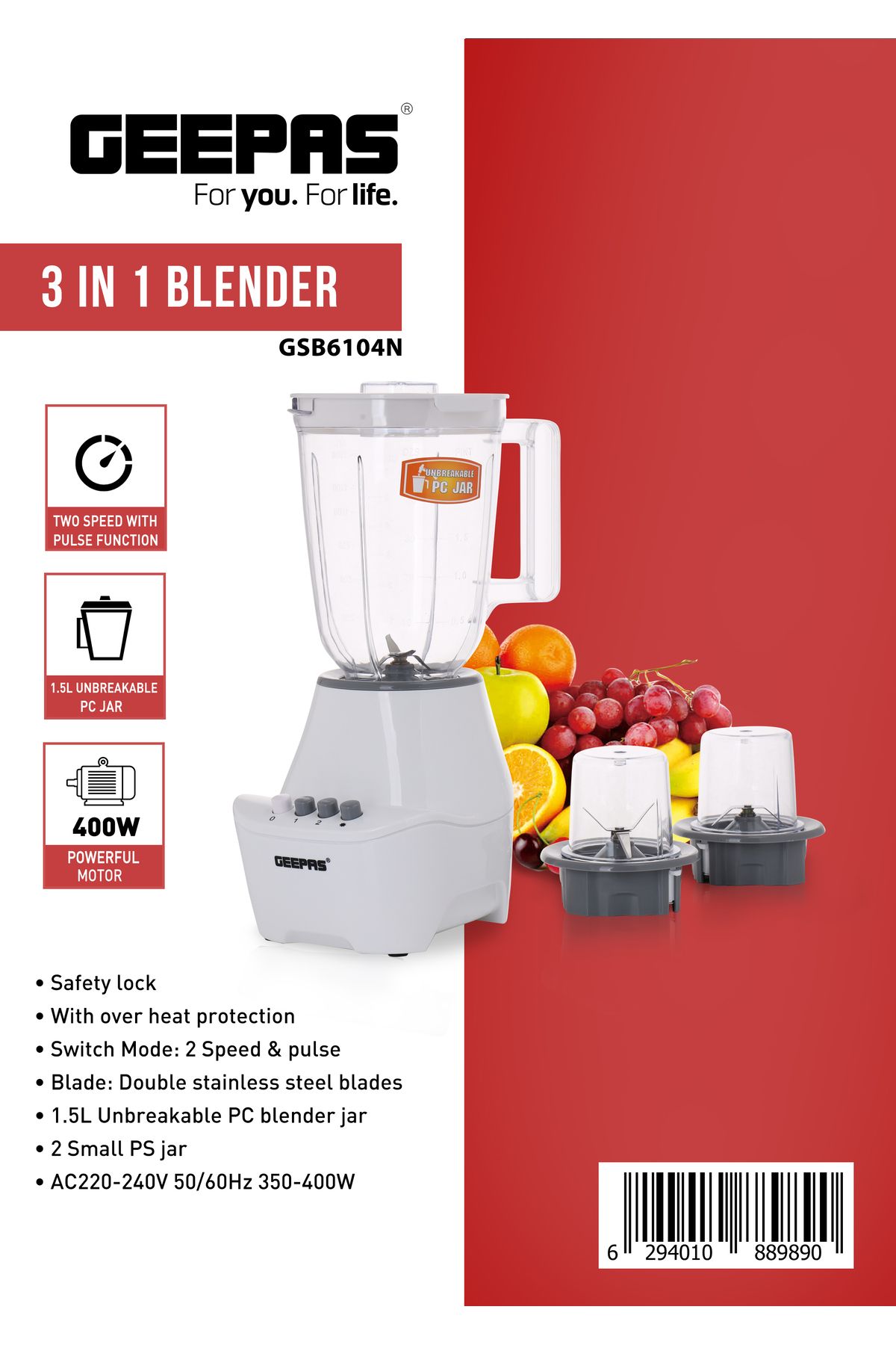 Geepas-3-in-1 Blender- 400W Powerful Motor with 2 Speed Setting and Pulse 6