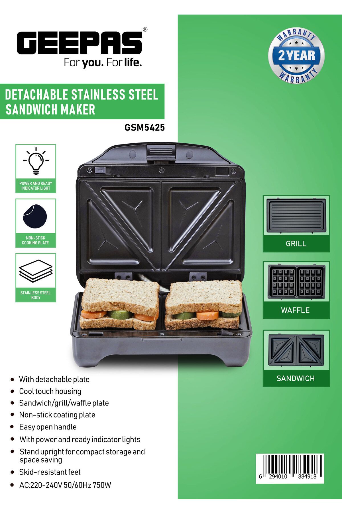 Geepas-2 Slice Sandwich Maker, Cool Touch Handle, Automatic Temperature Control and Non-Stick Plate 7