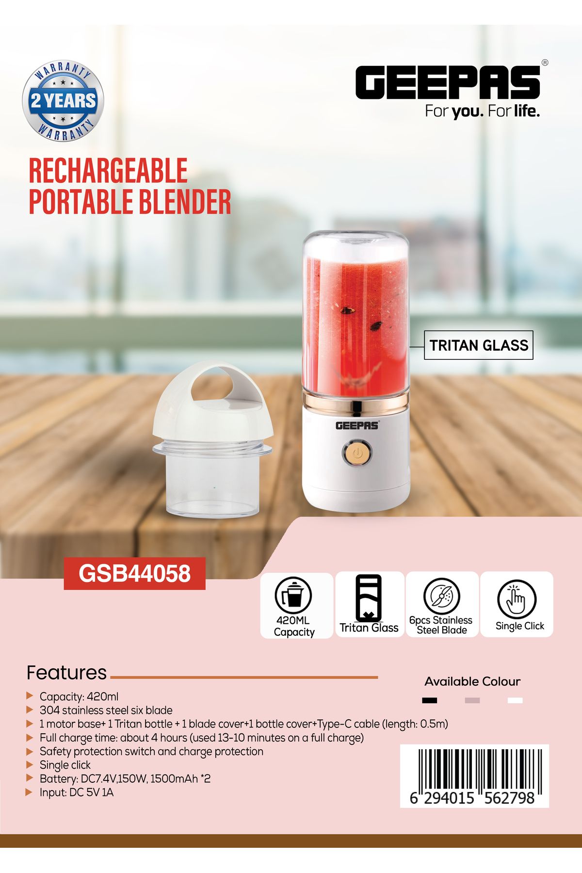 Geepas-Rechargeable Portable Blender, 420 ml Capacity, Juicing Machine With Single Click Operation 7
