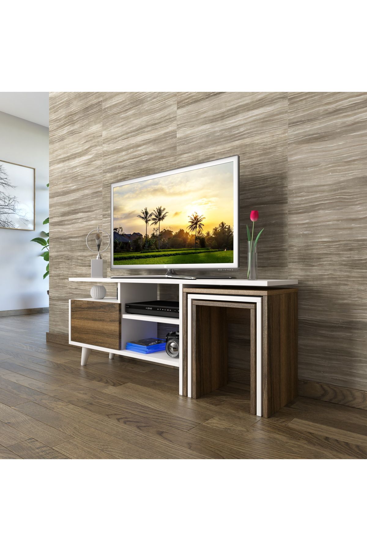 Home Art Design Serenat Zigonlu Tv Sehpası - Beyaz / Atlantik Çam