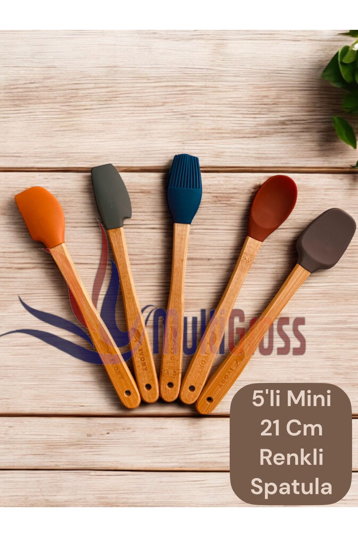 Multiamo-Ivory 5 Piece Bamboo Handle Mini 21 cm Silicone Spatula Spoon Brush Set 2