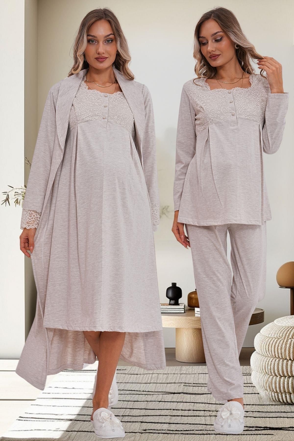 By Mecit Pijama Kadın Uzun Sabahlıklı Gecelik Pijama  Lohusa 4'Lü Set %75 Viskon %25 Likra  Açılır düğmelere Sahip