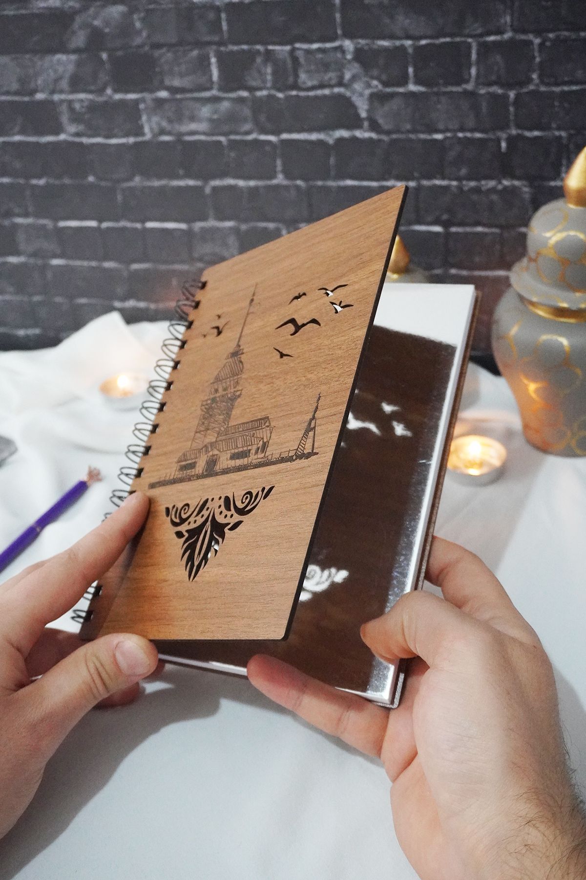 markcat-Maiden's Tower Themed Wooden Cover Notebook - Checked Notebook - Agenda - School Notebook (A5 - 120 Sheets) 2