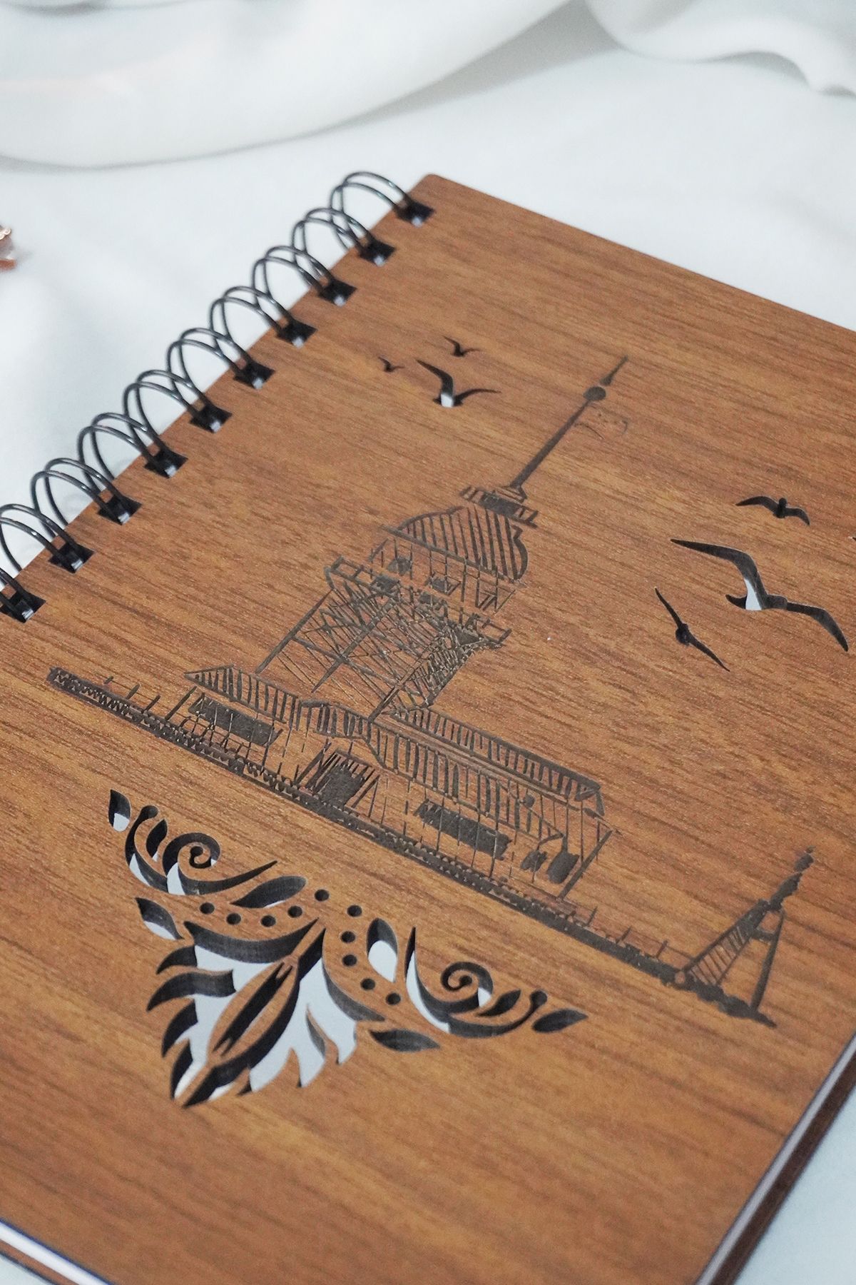 markcat-Maiden's Tower Themed Wooden Cover Notebook - Checked Notebook - Agenda - School Notebook (A5 - 120 Sheets) 3