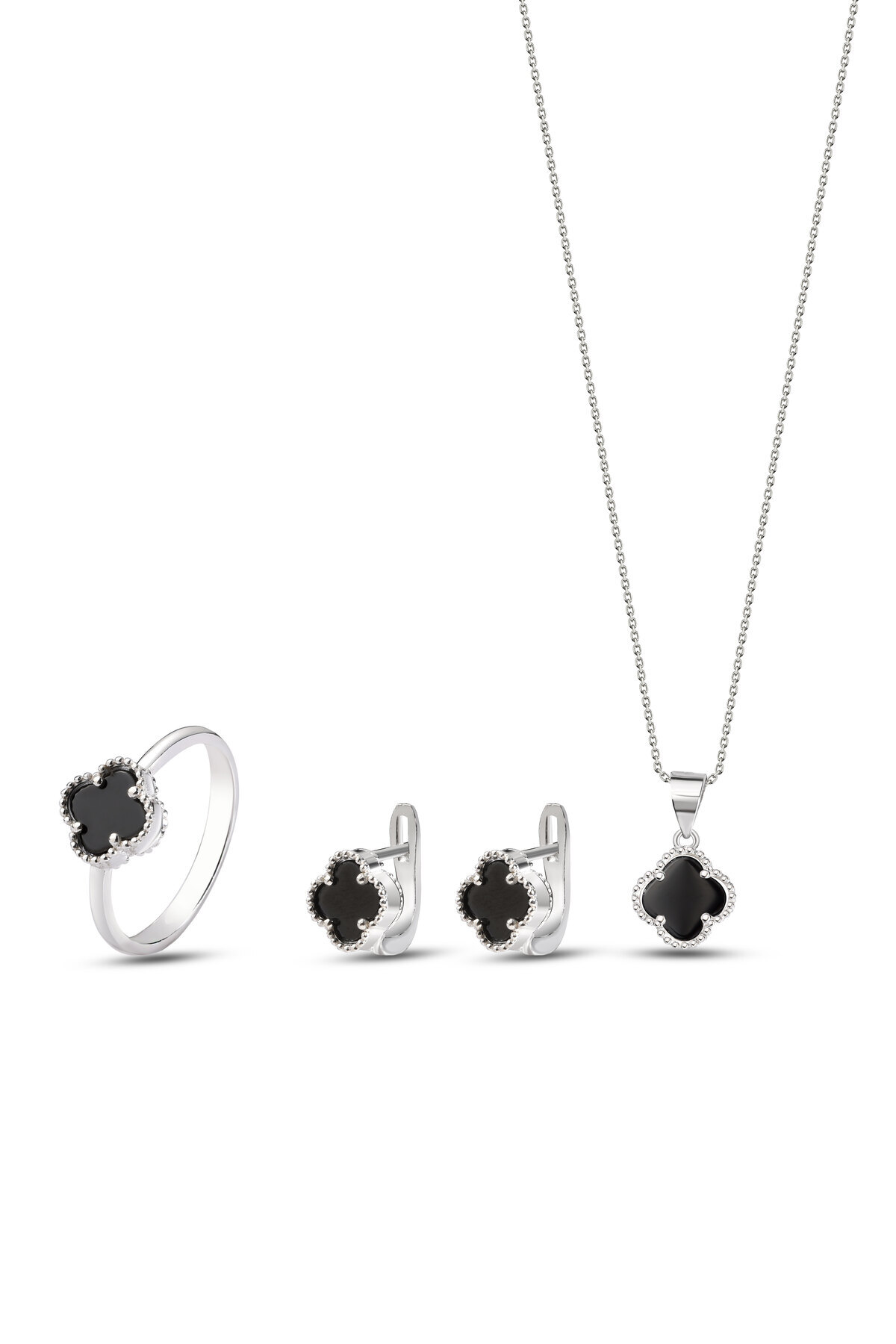 MM Madam&Matmazel Kadın Modası Minimal 925 Ayar Gerçek Gümüş Yonca Gümüş Kadın Takı Seti