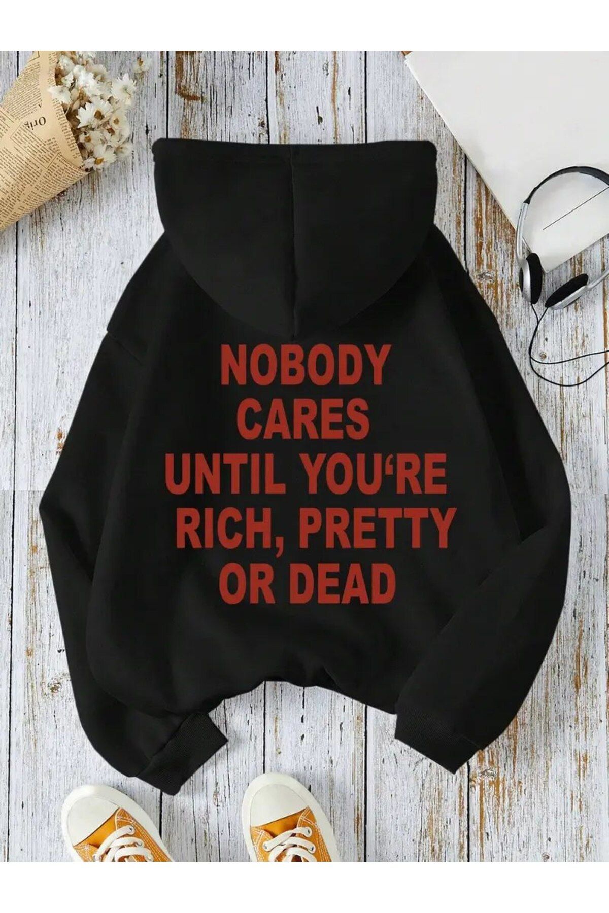Unisex Siyah Kapüşonlu  Baskılı Sweatshirt