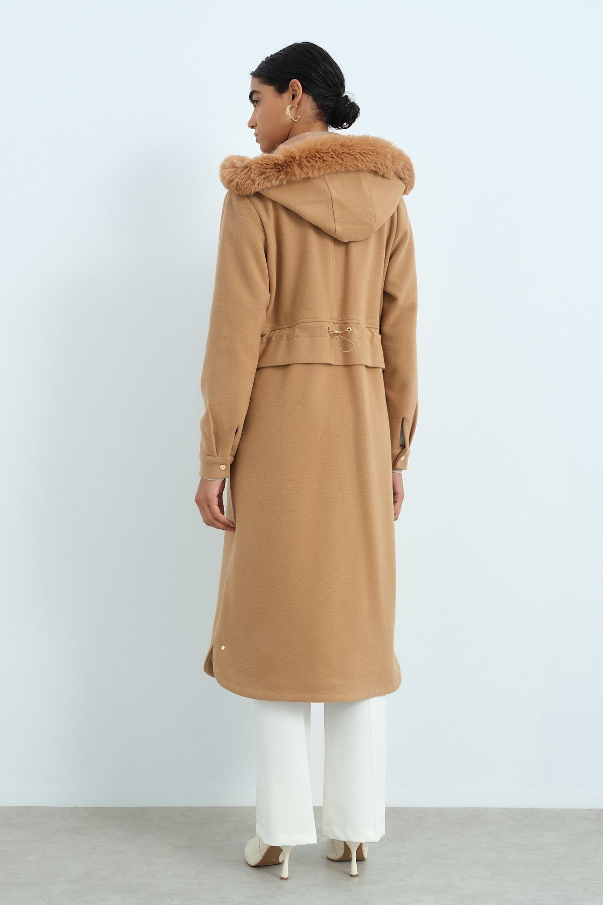 Nihan-Camel Color Oval Coat - Side Detail with Drawstring Waist 4