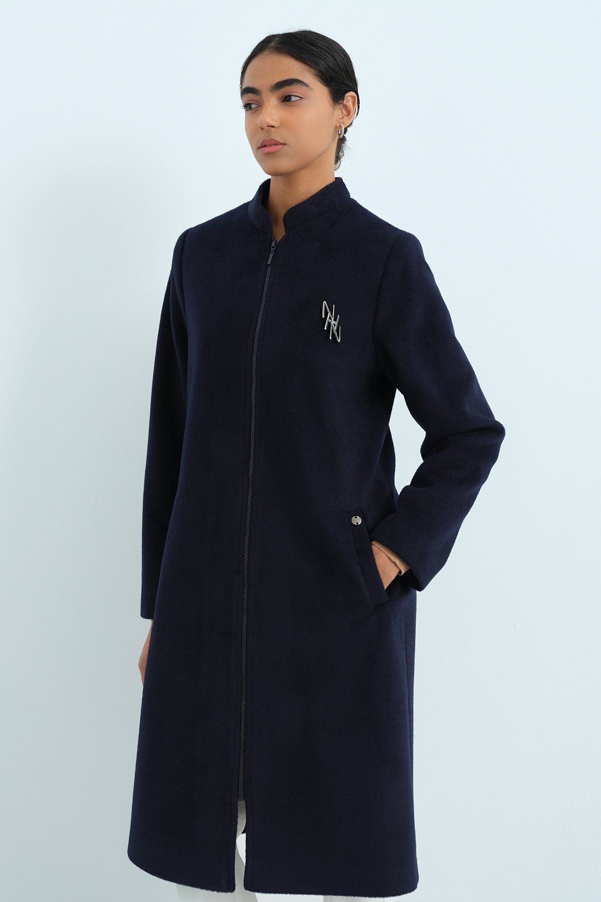 Nihan-Navy Blue Basic Zippered Coat 2