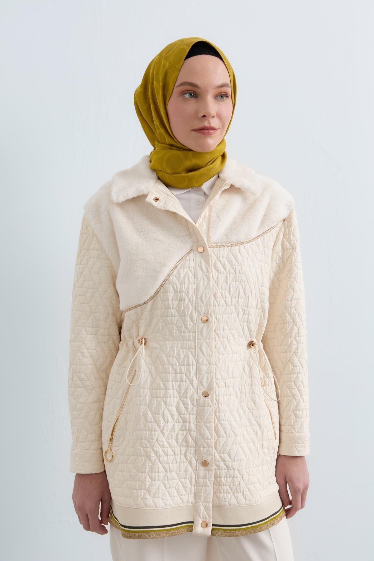 Nihan-Ecru Plush Detailed Thin Quilted Jacket - Drawstring Waist 7