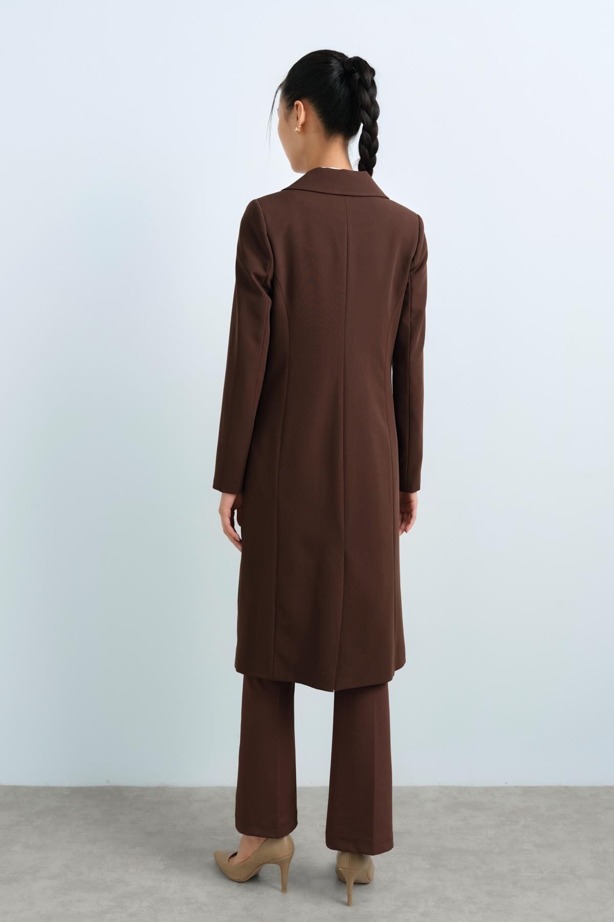 Nihan-Brown Long Jacket with Metal Buttons - Double Breasted Closure 4