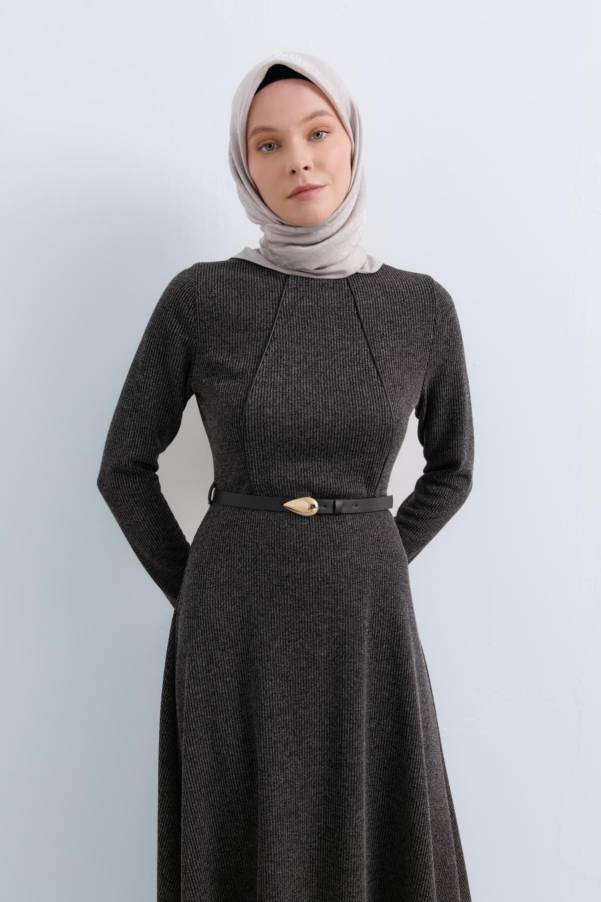 Kemerli Örme Elbise Siyah - 3