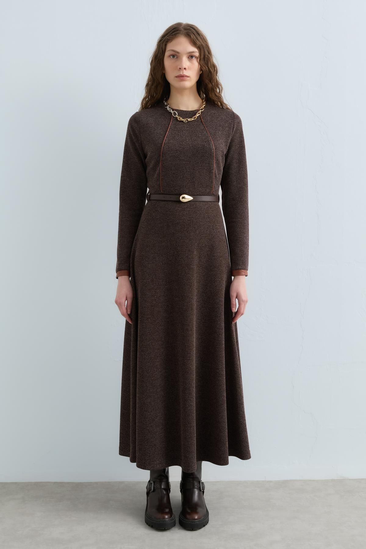 Kemerli Örme Elbise Kahve - 6