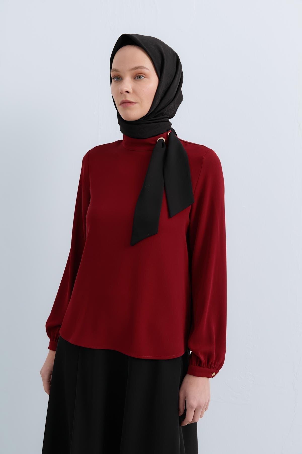 Nihan-Collared Scarf-Skirt Blouse Set (Burgundy) 3