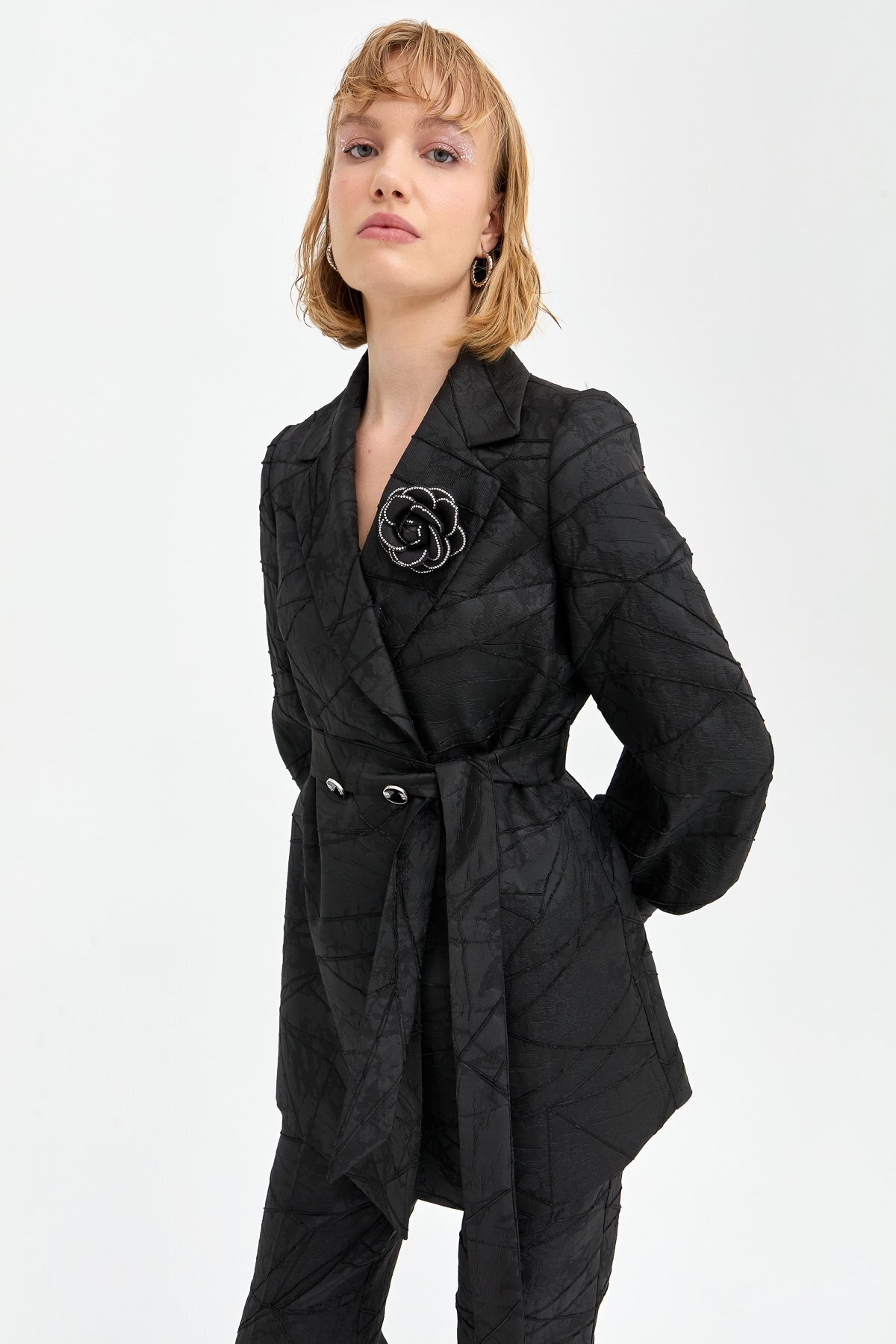 Nihan-Black Trousers with Jacquard Stone Accessories - Jacket Set 6