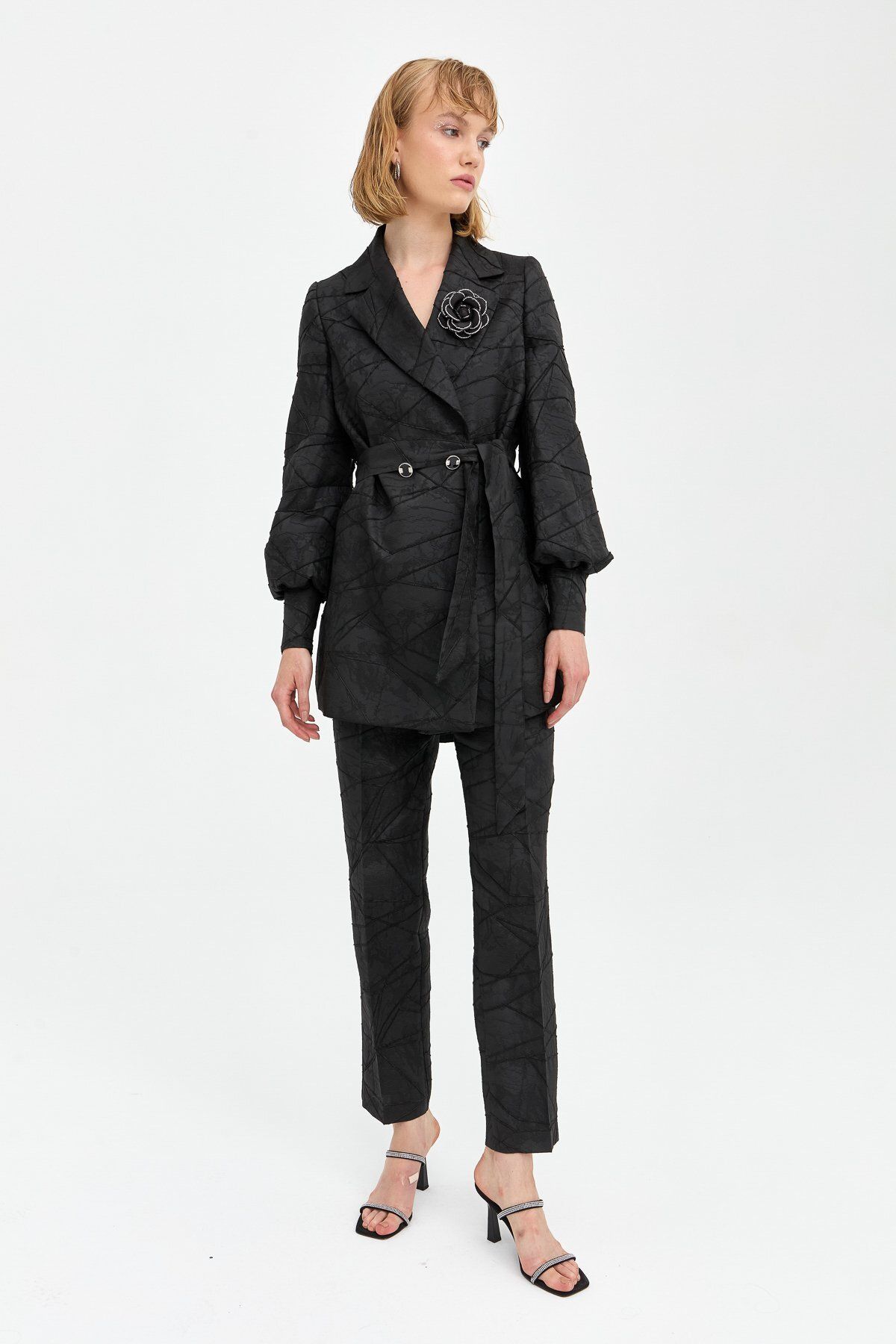 Nihan-Black Trousers with Jacquard Stone Accessories - Jacket Set 3