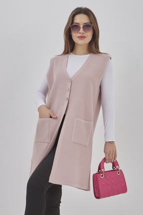 Elçelya Moda Kadın Triko Esnek Uzun Mevsimlik Düğmeli Yelek