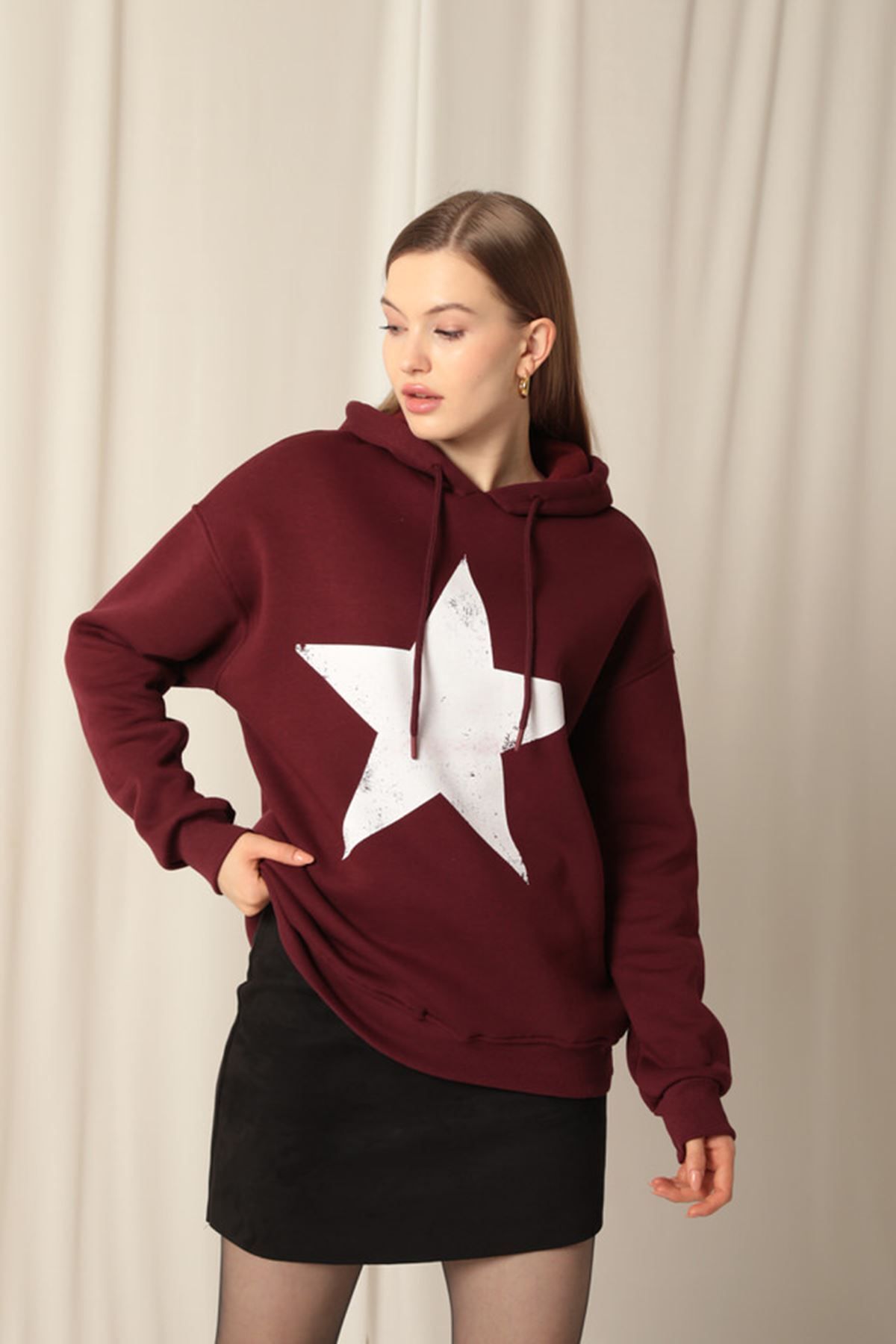 Butik Şenel Hanorac De Damă Cu Glugă Cu Imprimeu Stea Cu Trei Fire Femeie - XL