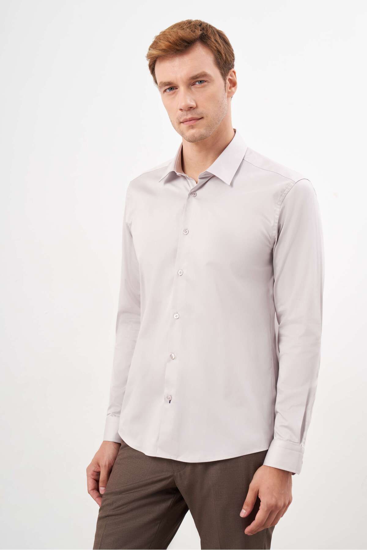 Morven-Men's Stone Cotton Plain Pattern Hard Collar Slim Fit Shirt 2