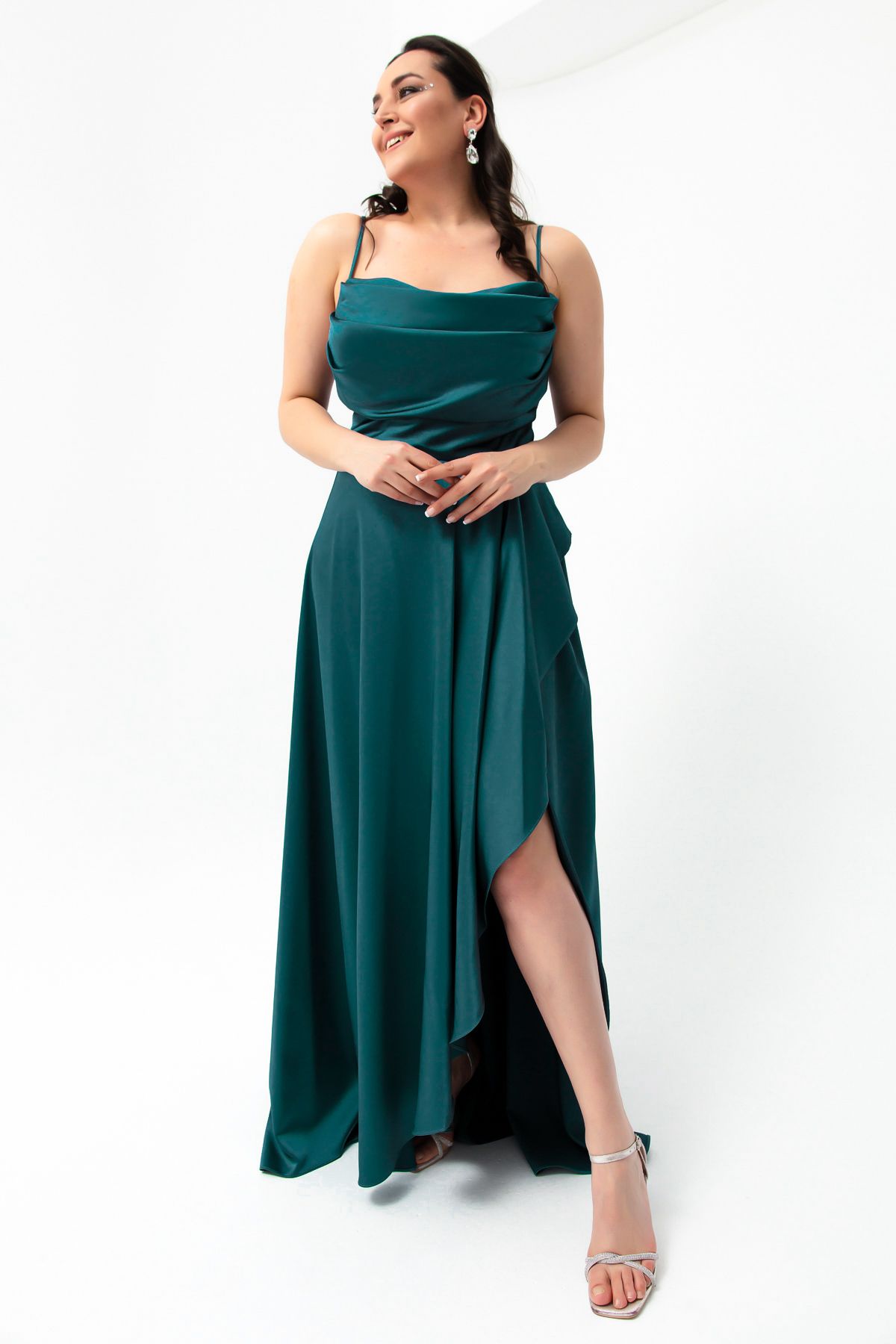 Lafaba-Rochie de seară din satin de marime mari cu fantă cu volan de damă Rochie de absolvire 3