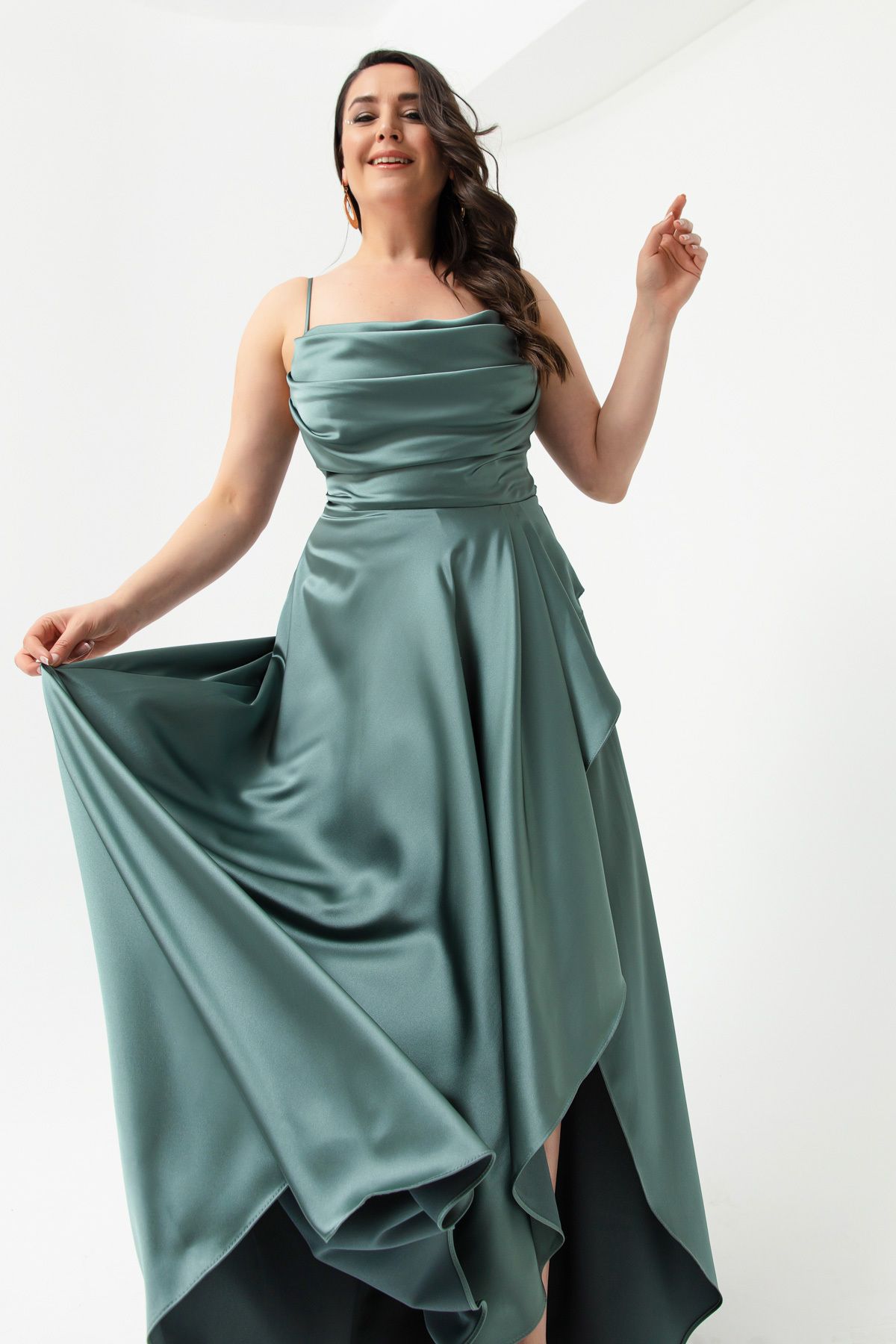 Lafaba-Türkisfarbenes Volant-Schlitz-Abendkleid aus Satin in Übergröße für Damen, Abschlusskleid 2